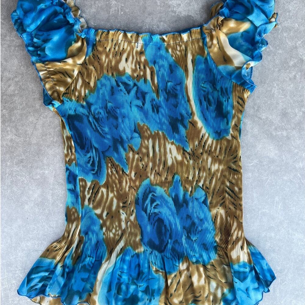 2000s Vintage Piano Pleated Printed Blue Top -M